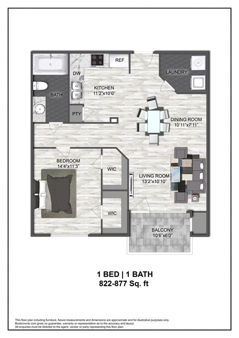 Floor plan for 1 bed, 1 bath, 856 sqft